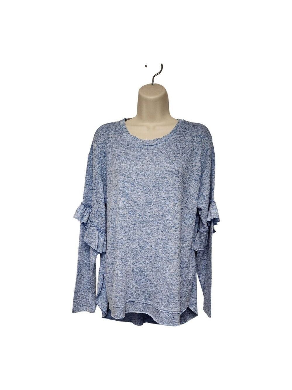 Democracy Womens Super Soft And Comfy Long Sleeve Blue Ruffle Top Size Large
